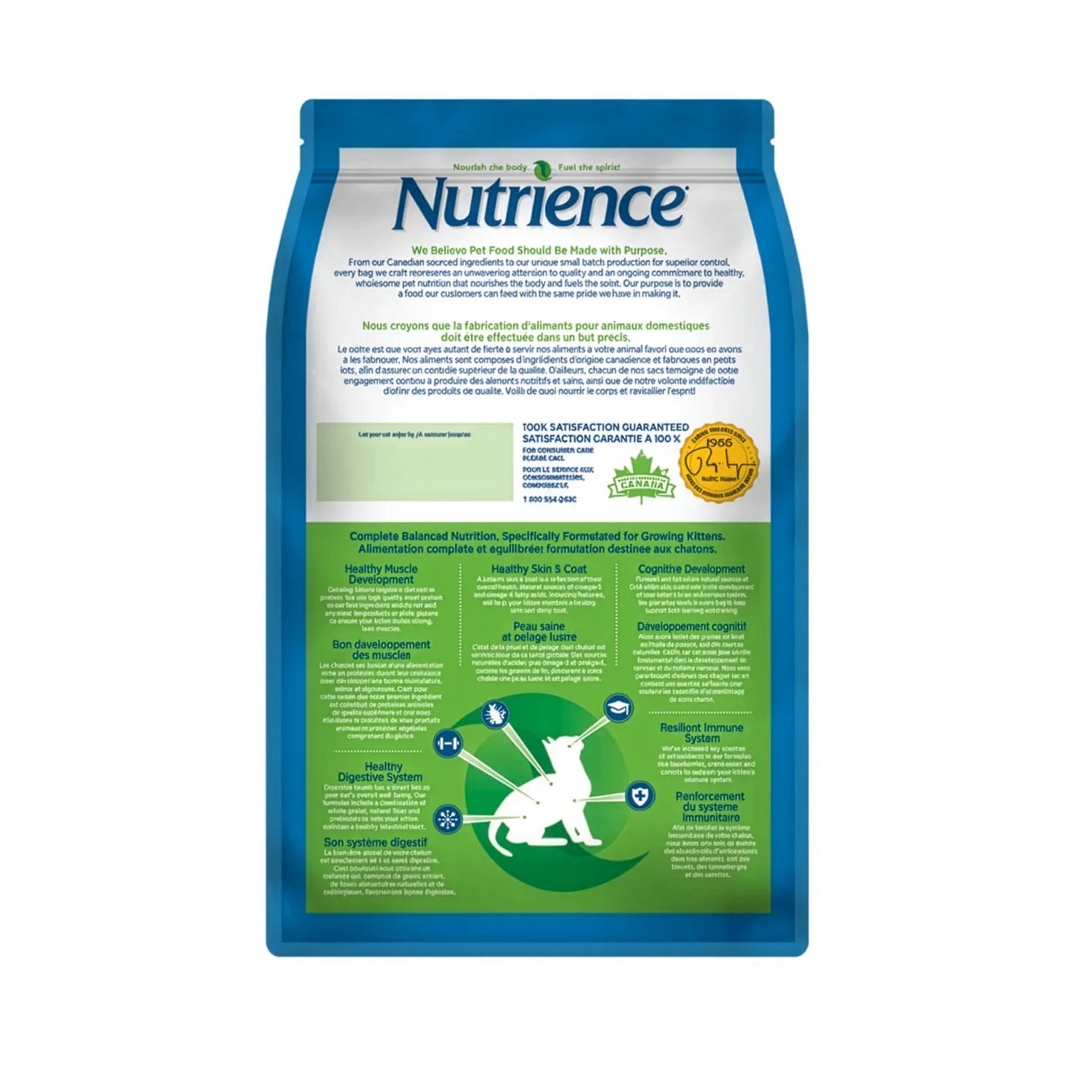 Nutrience Original para Gatitos en bolsa azul y verde con gatito sobre césped y fórmula nutritiva para crecimiento