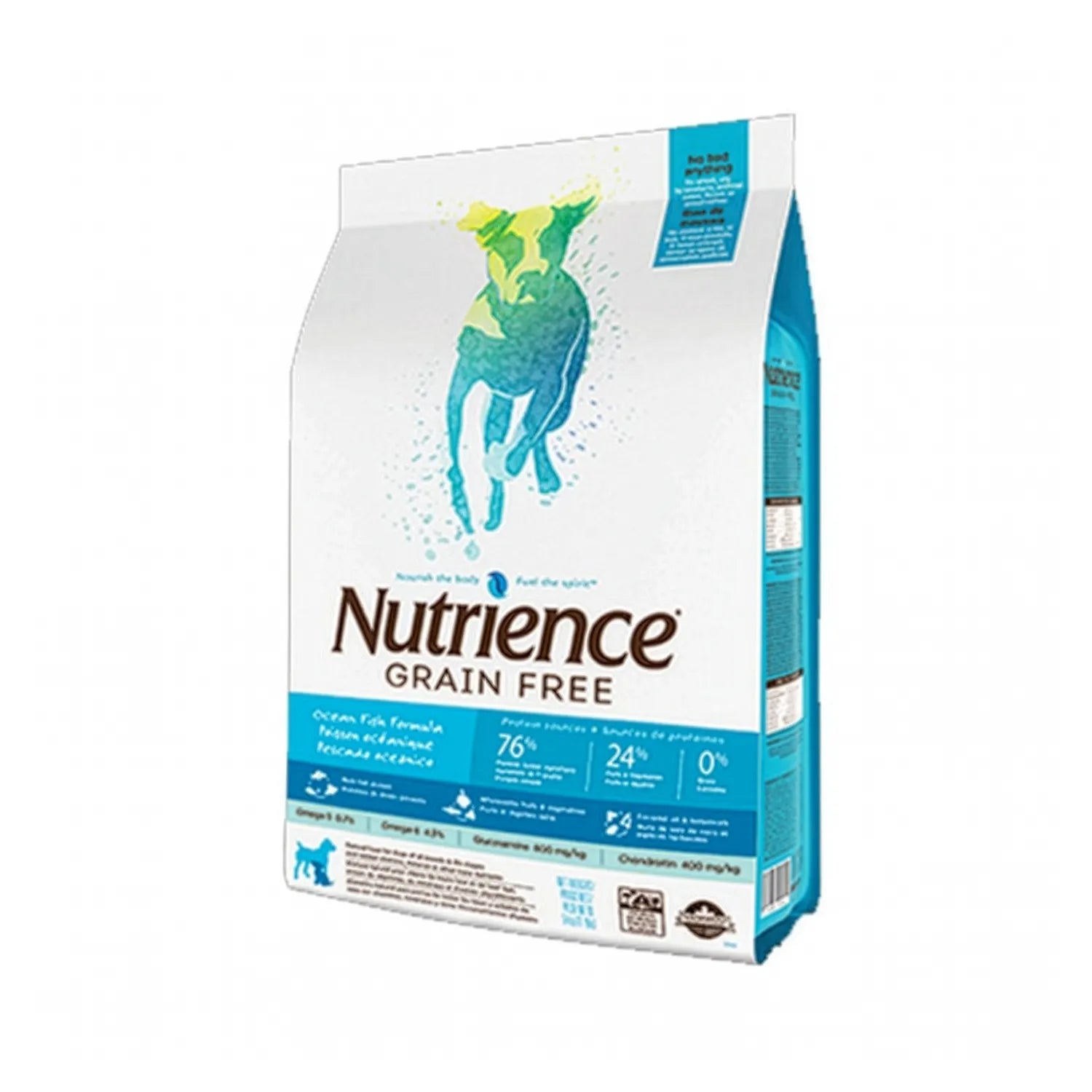 Nutrience Grain-Free Pescado Oceánico para Perros en bolsa blanca y azul con fórmula premium sin granos