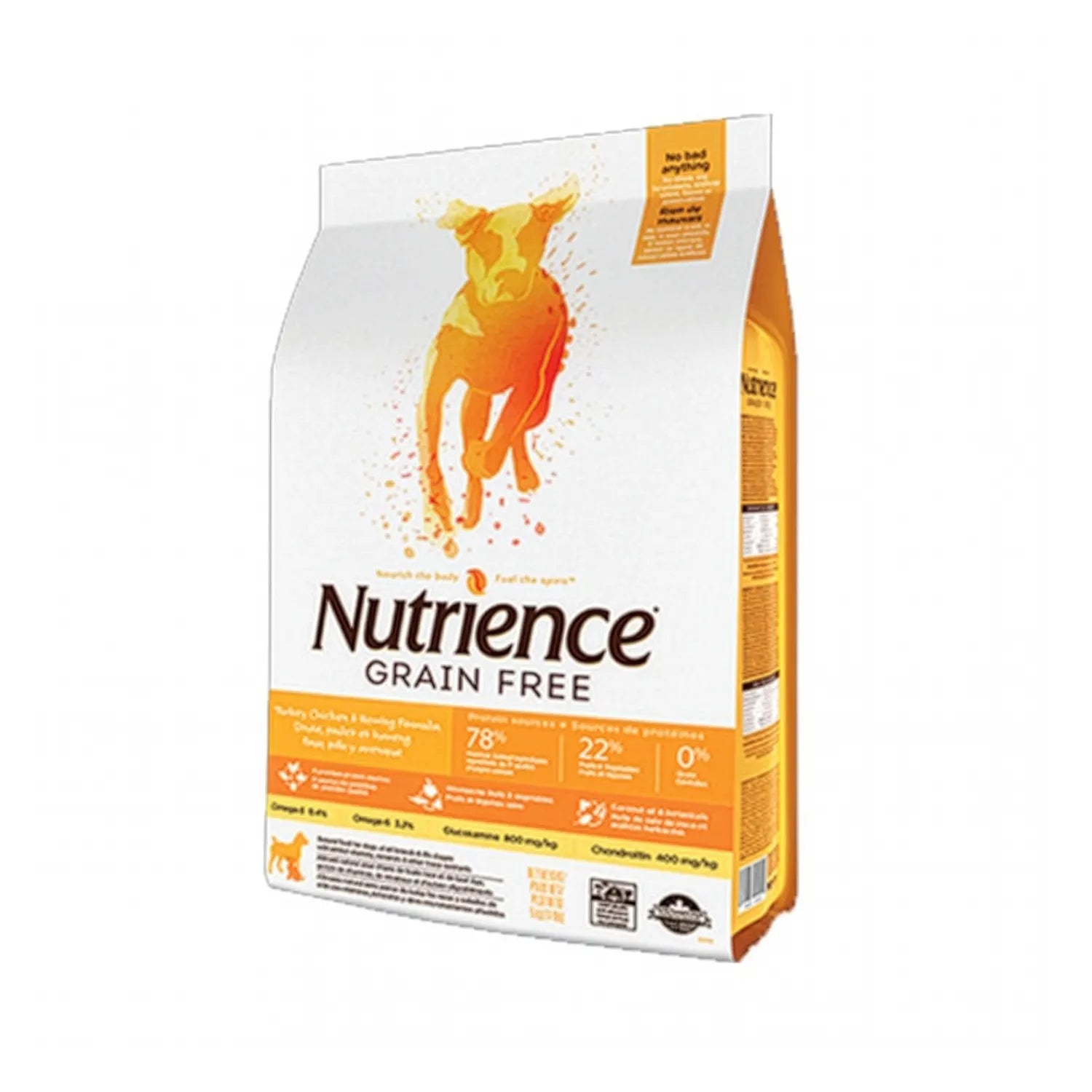 Bolsa Nutrience Grain-Free Pollo/Pavo/Arenque para Perros con diseño blanco, perro ilustrado y receta nutritiva