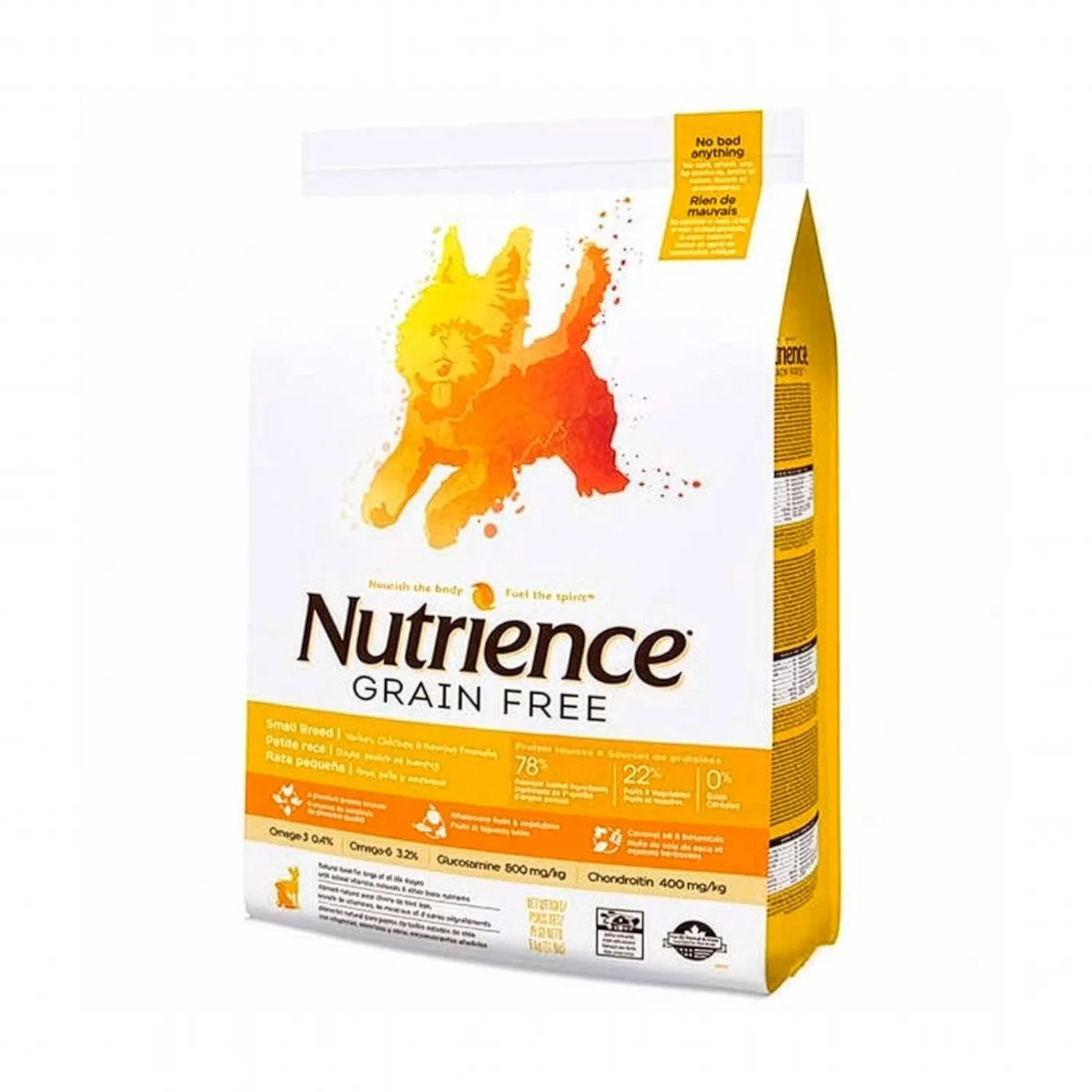 Bolsa Nutrience Grain-Free "Small Bites" Pollo/Pavo/Arenque para Perros con diseño de perro y fórmula sin granos