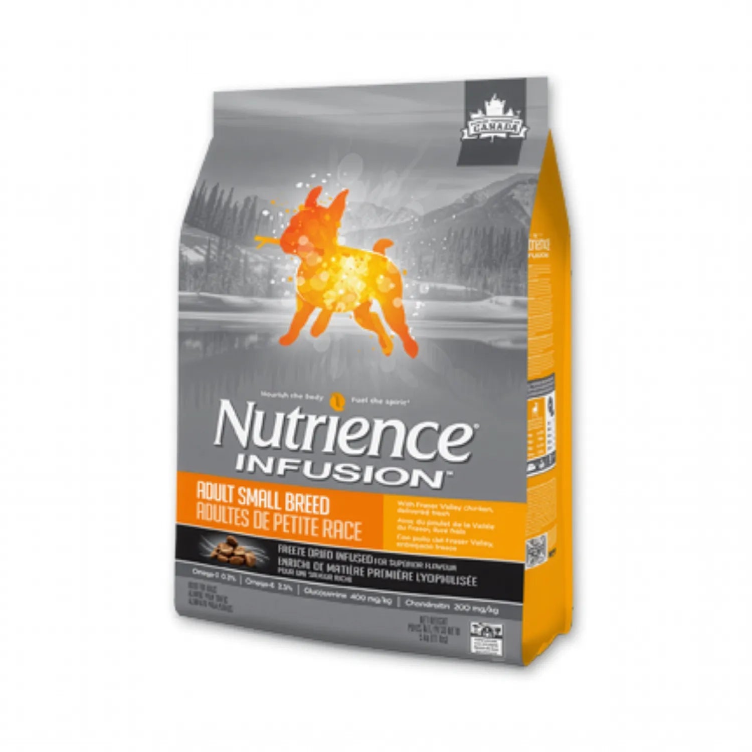 Nutrience Infusion para Perros Adultos Raza Pequeña en bolsa gris y naranja con perro ilustrado premium