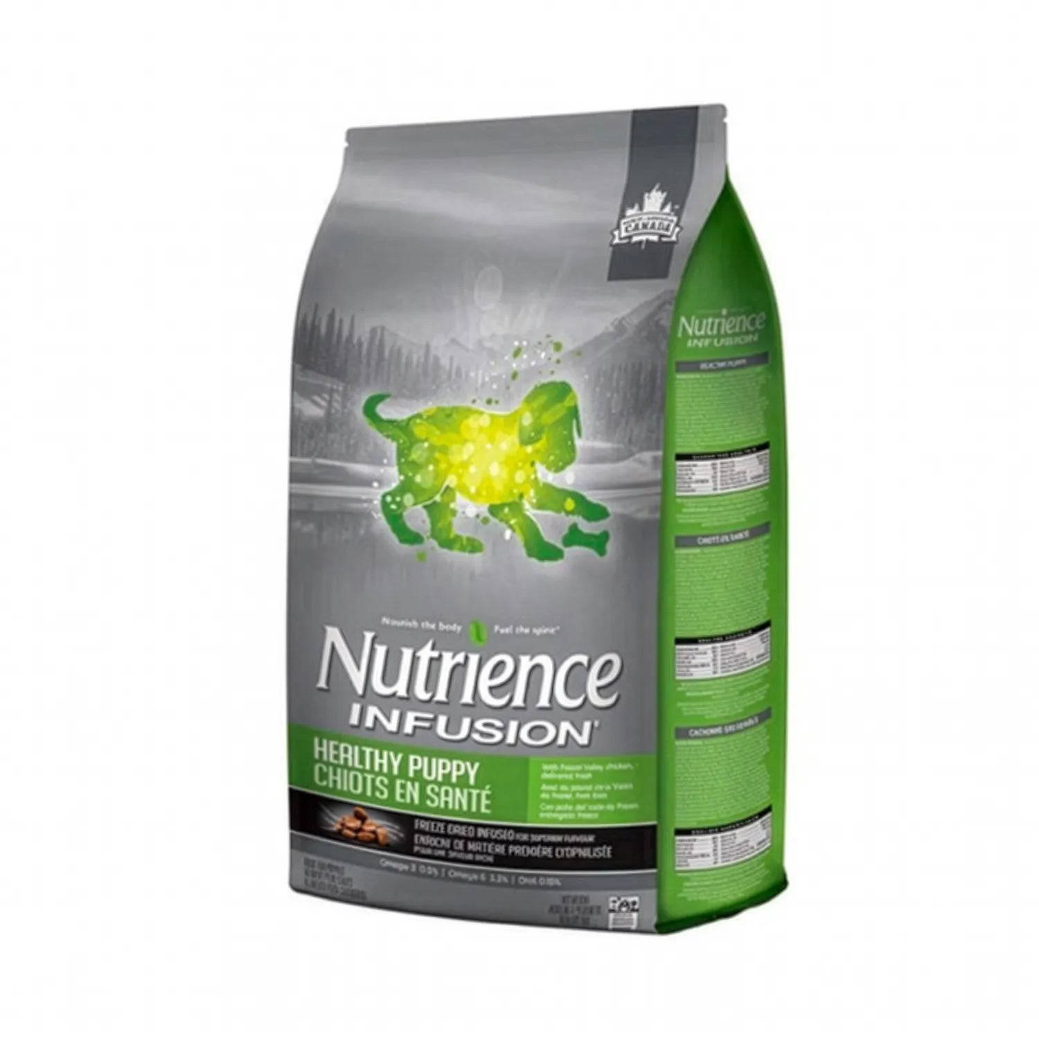 Alimento Nutrience Infusion para Cachorros con empaque gris y verde, receta nutritiva y cachorro ilustrado