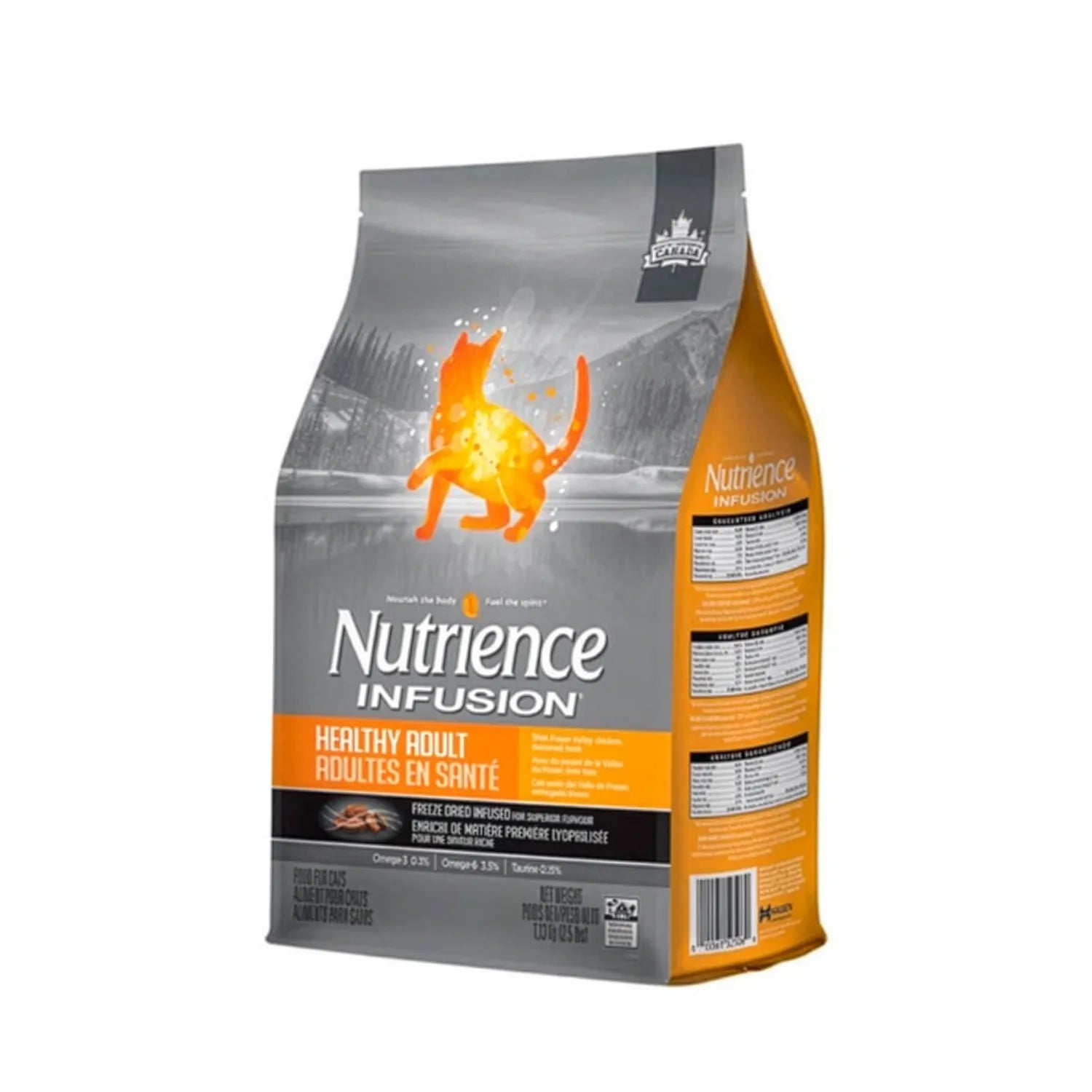 Nutrience Infusion para Gatos Adultos en bolsa gris y naranja con ilustración felina y fórmula premium
