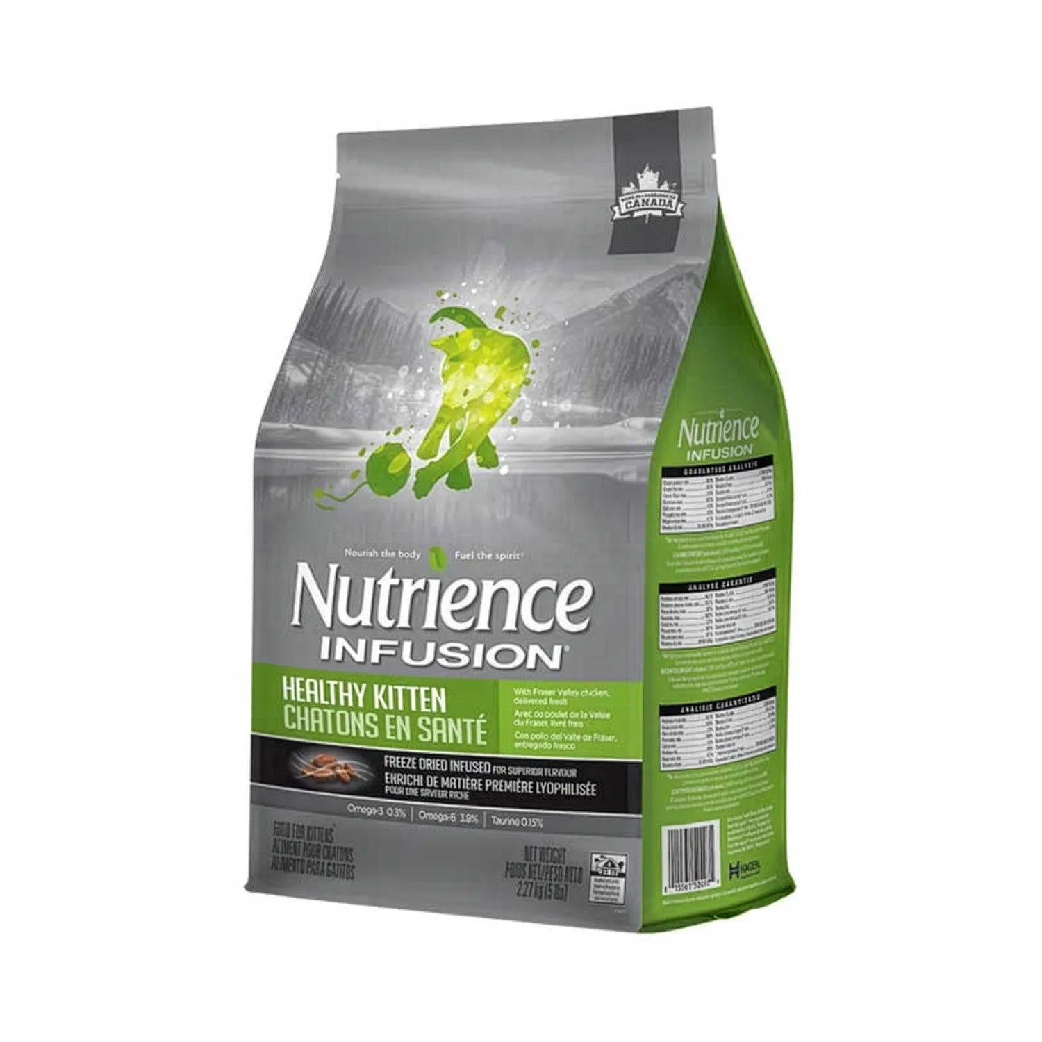 Nutrience Infusion Kitten en bolsa gris y verde con ilustración de gatito y fórmula premium para crecimiento