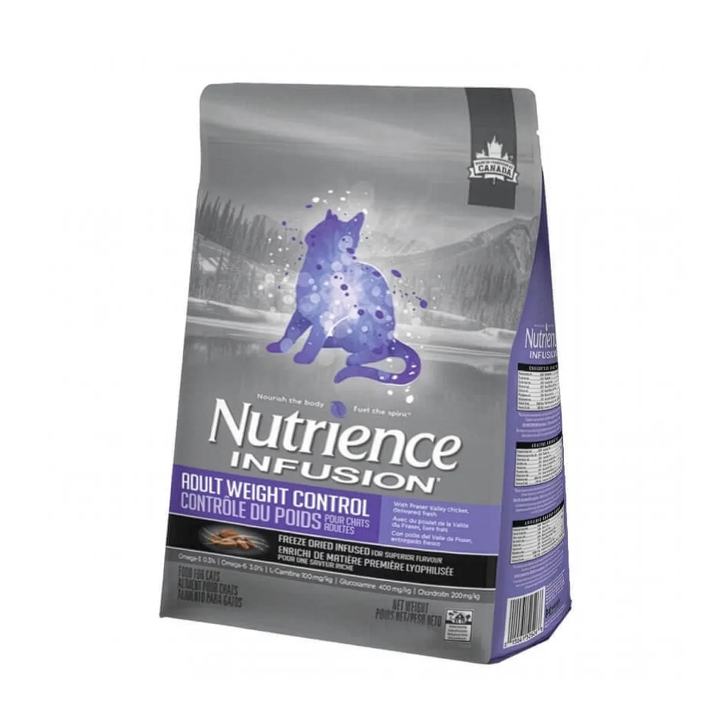 Nutrience Infusion para Gatos Control de Peso en bolsa gris y morada con ilustración de gato adulto premium