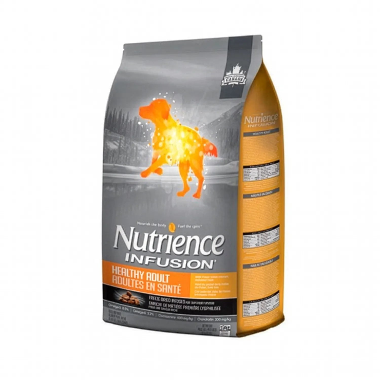 Bolsa Nutrience Infusion para Perros Adultos Raza Mediana con diseño gris, perro naranja y alimento balanceado