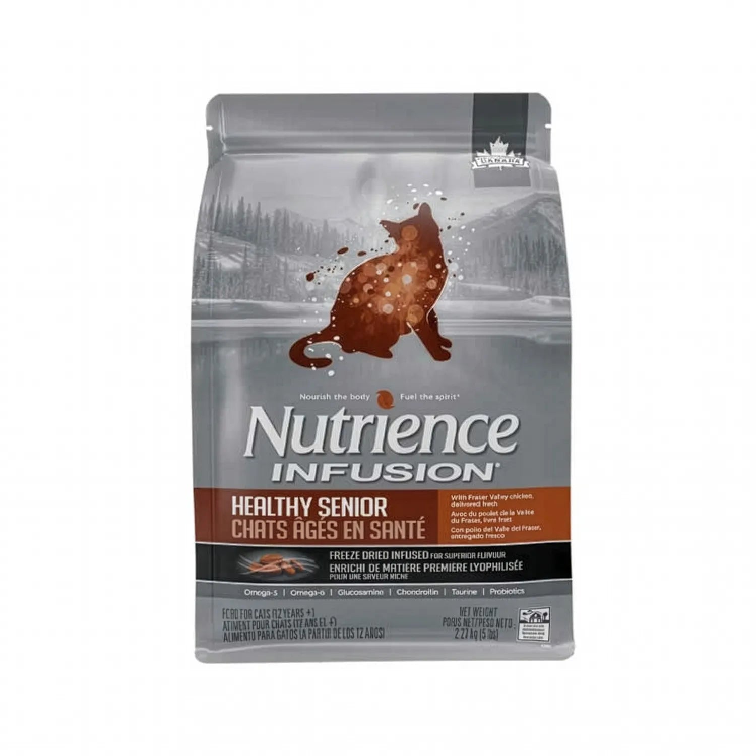 Bolsa Nutrience Infusion para Gatos Senior con diseño gris, gato ilustrado y alimento para edad avanzada