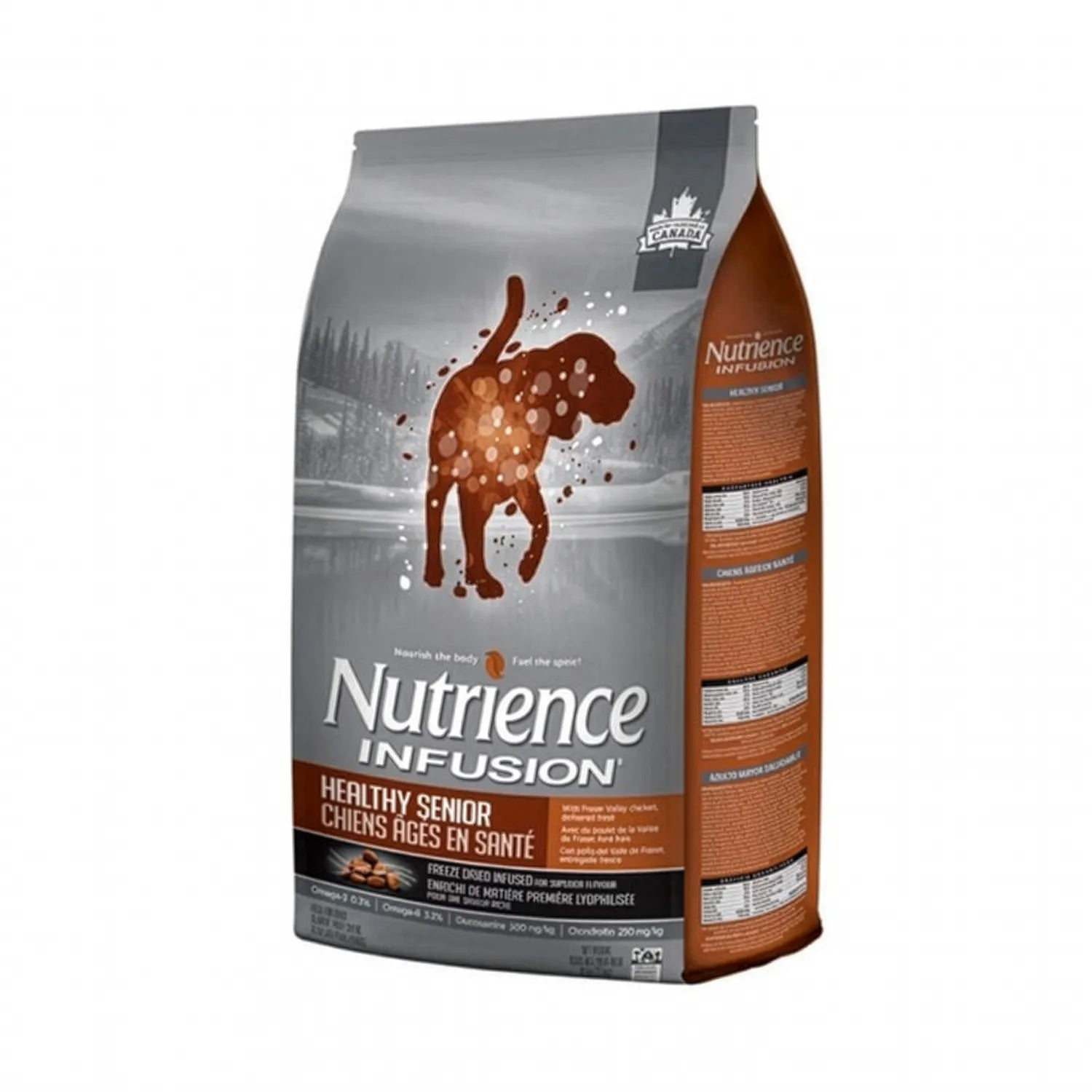 Nutrience Infusion para Perros Senior en bolsa gris y café con perro ilustrado y fórmula premium senior