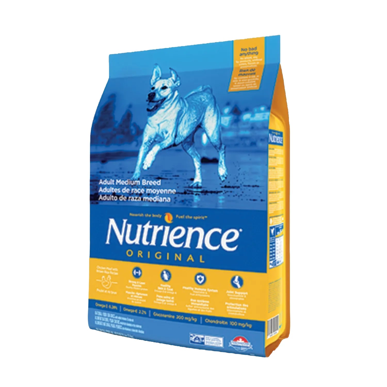 Nutrience Original para Perros Adultos Raza Mediana 11,5 Kg en saco azul y amarillo con perro adulto al frente