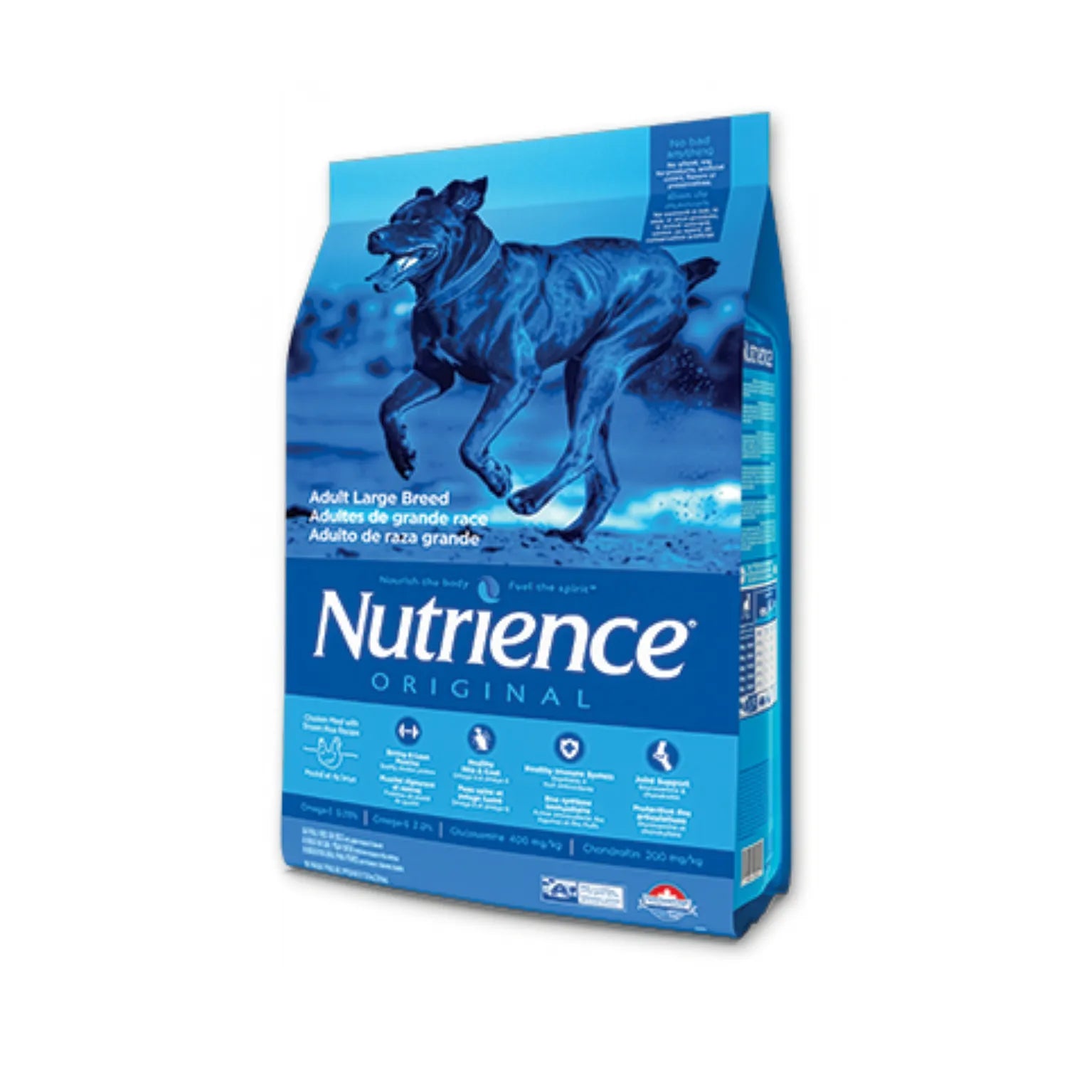 Bolsa Nutrience Original para Perros Adultos Raza Grande con diseño azul y beneficios para articulaciones y energía