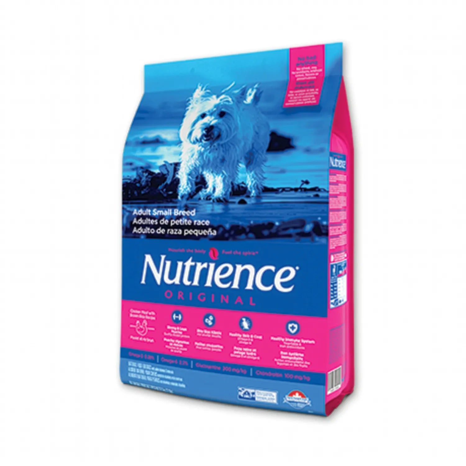 Alimento Nutrience Original para Perros Adultos Raza Pequeña en empaque azul y rosa con beneficios nutricionales