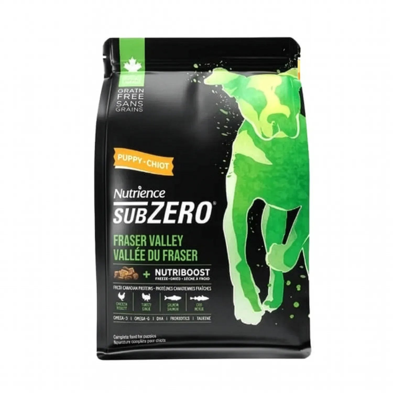 Nutrience SubZero Fraser Valley para Cachorros en bolsa negra y verde con fórmula grain free y proteínas frescas
