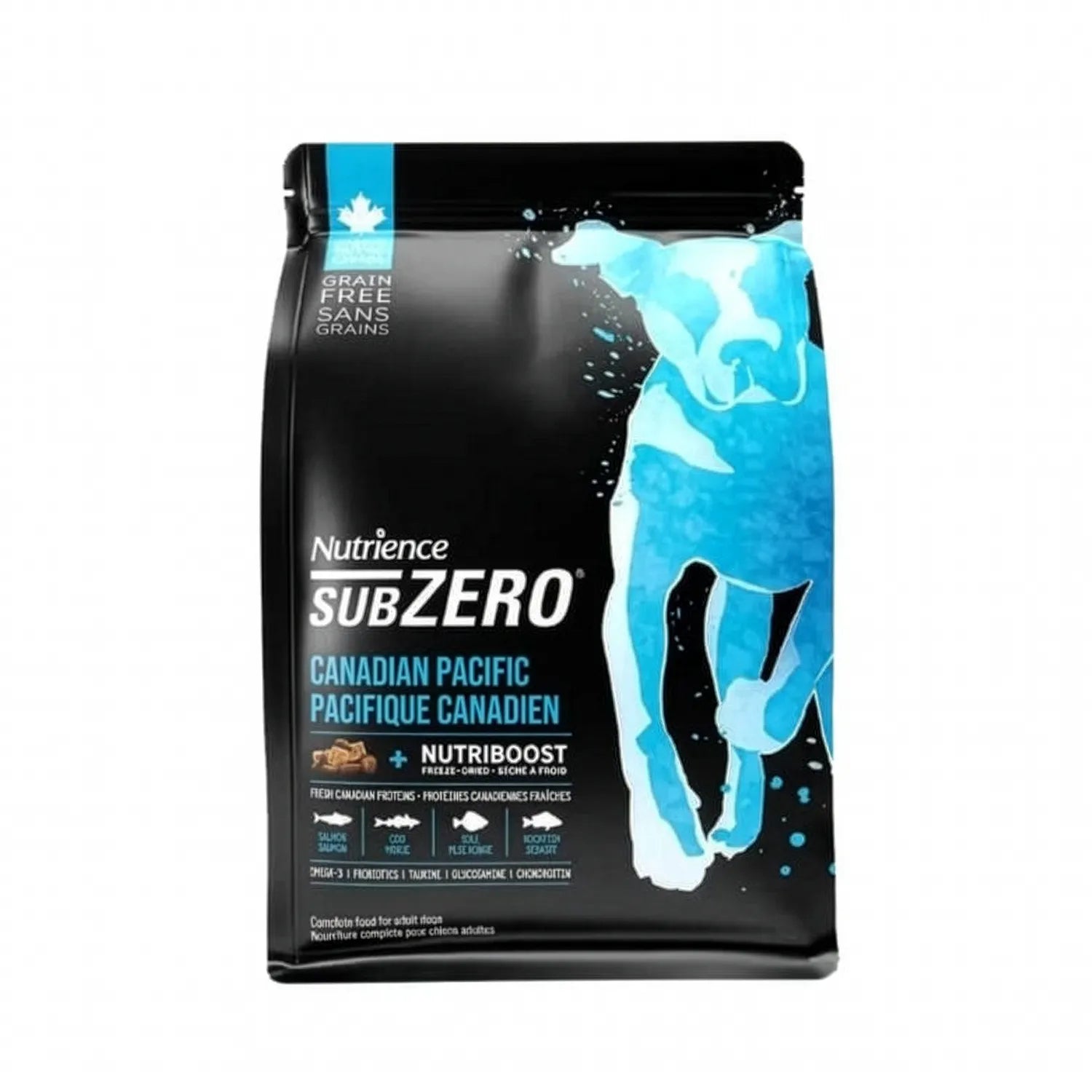 Nutrience SubZero Canadian Pacific para Perros en bolsa negra con diseño azul y receta grain free de pescado