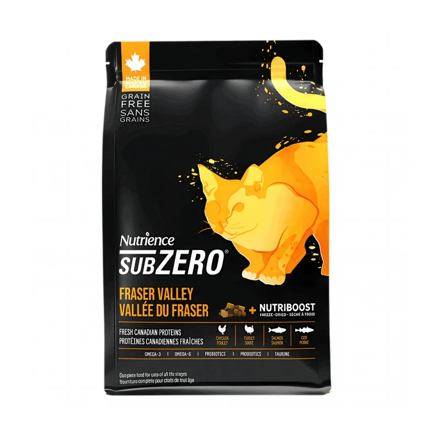 Nutrience SubZero Fraser Valley para Gatos en bolsa negra con ilustración de gato y fórmula grain free premium