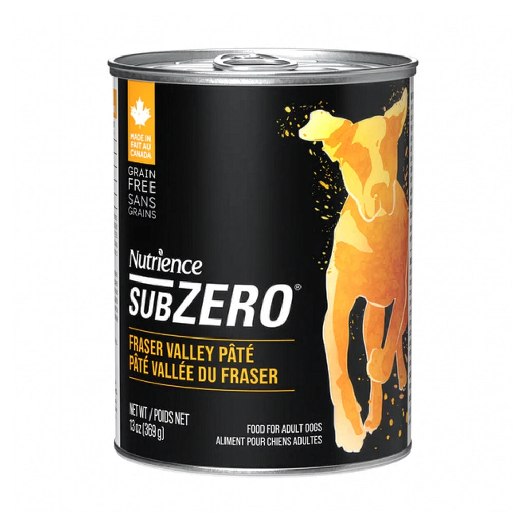 Nutrience Lata Subzero Fraser Valley para Perros en formato paté, alimento húmedo sin granos presentado en lata metálica.