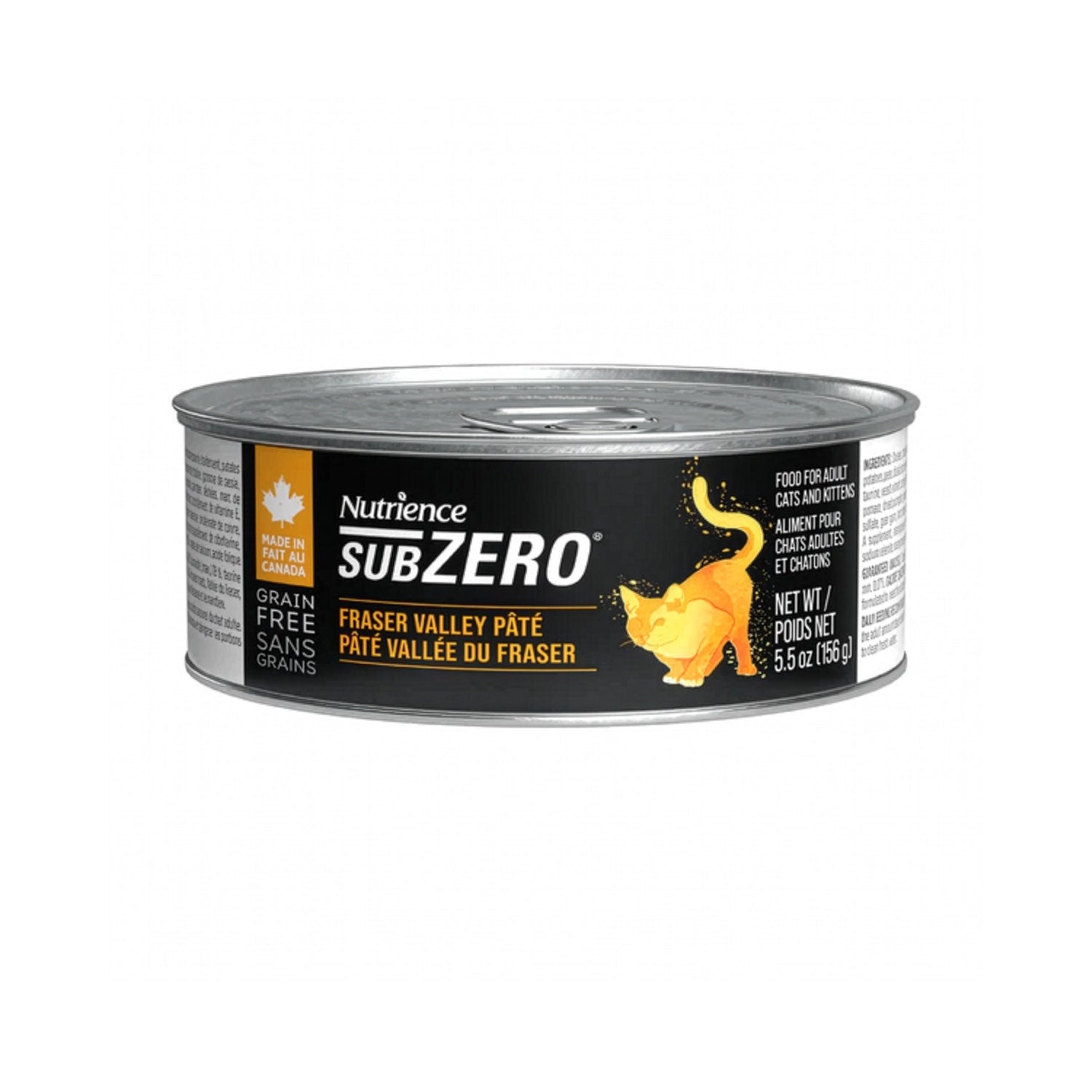Nutrience Lata Subzero Fraser Valley para Gatos en formato paté, alimento húmedo sin granos presentado en lata metálica.