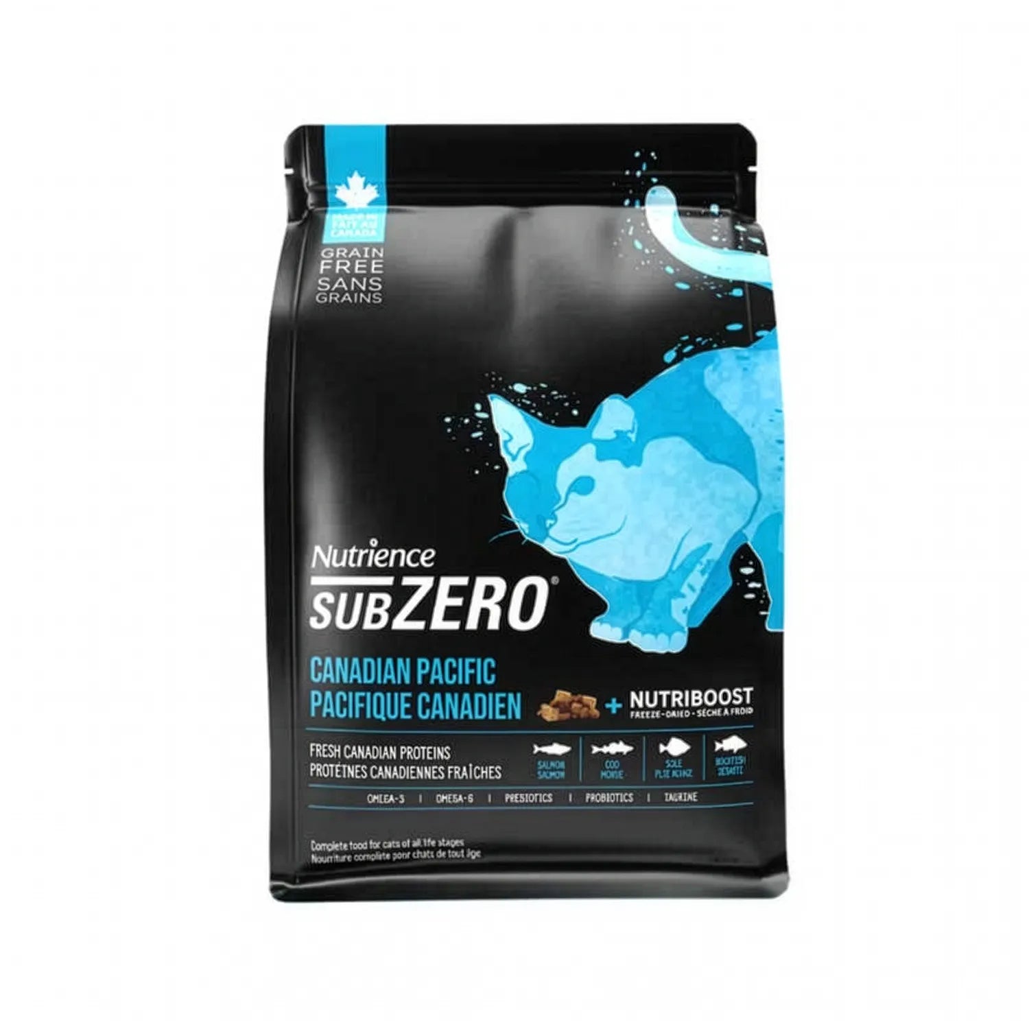 Alimento Nutrience SubZero Canadian Pacific para Gatos con empaque negro, detalles azules y receta sin granos