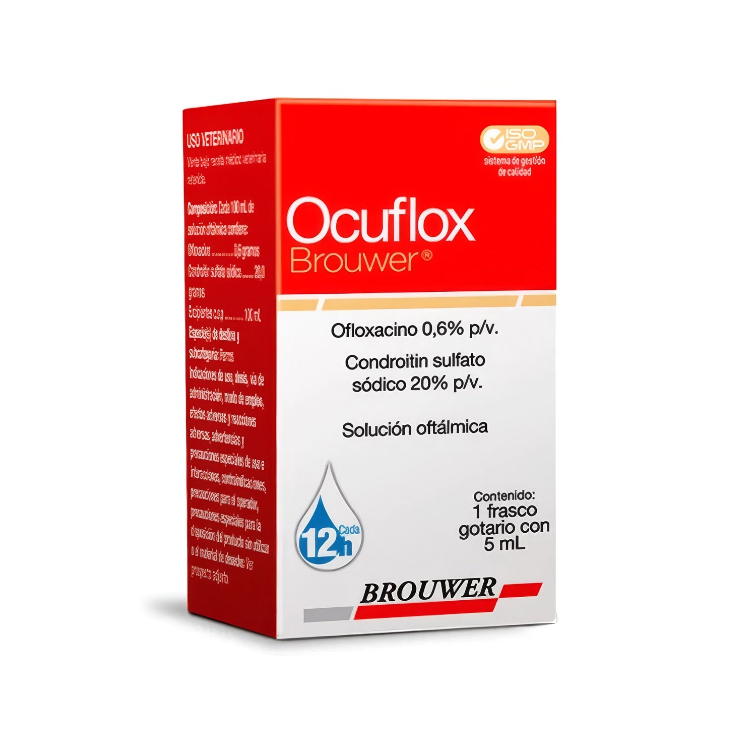 Ocuflox Solución Oftálmica en frasco gotario de 5 ml, caja roja y blanca con fórmula de ofloxacino y condroitín sulfato.