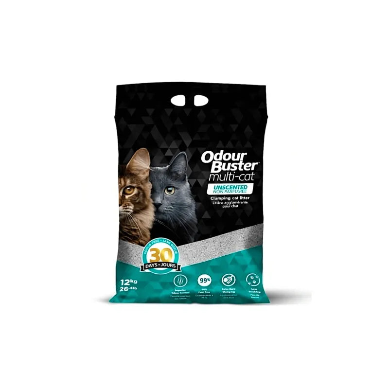 Arena Sanitaria Odour Buster Multi Cat en bolsa negra y verde con imagen de dos gatos, fórmula sin aroma y control avanzado de olores