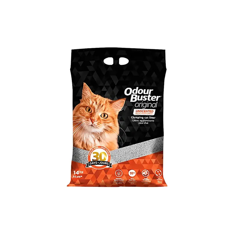 Arena Sanitaria Odour Buster Original en bolsa negra y naranja con imagen de gato, fórmula sin aroma y control eficaz de olores