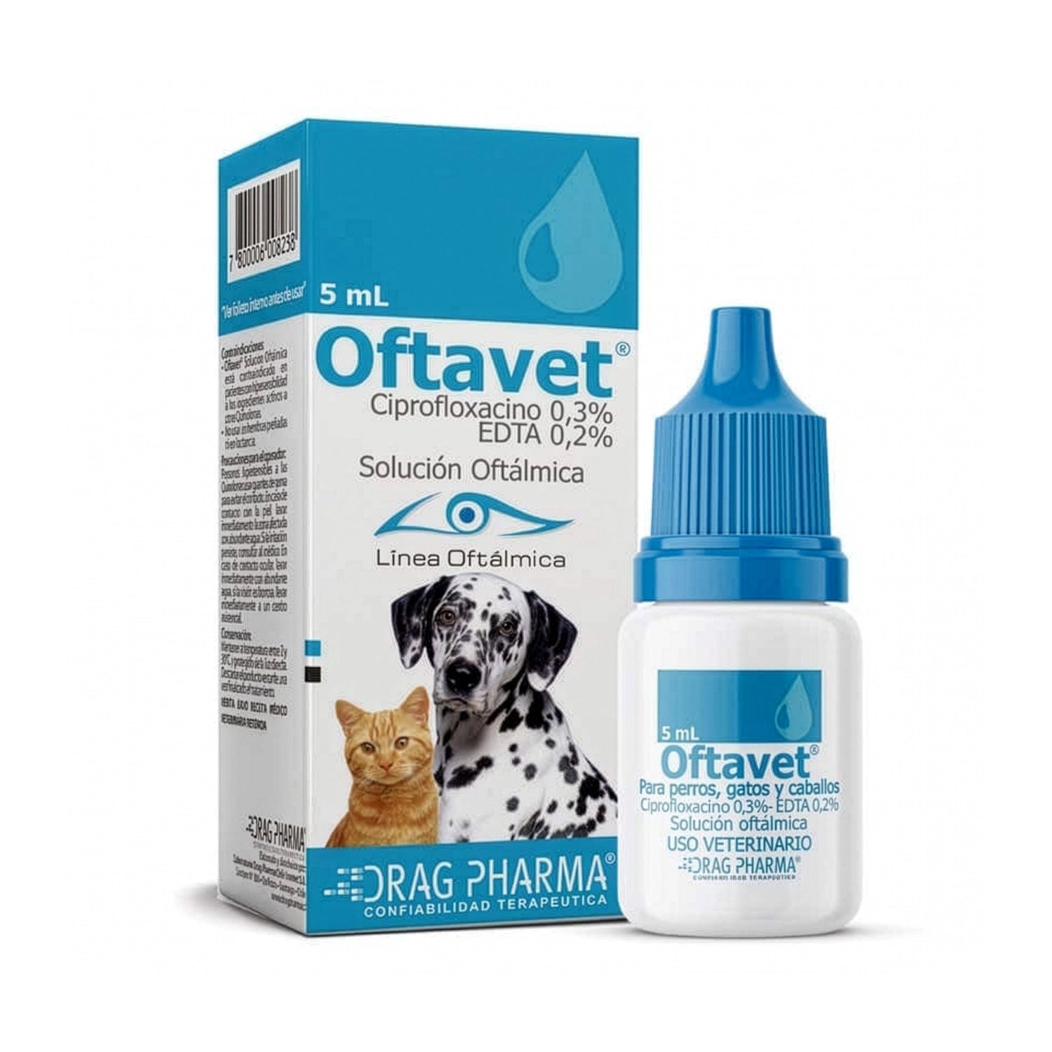 Oftavet Solución Oftalmológica veterinaria con frasco gotario y caja para perros, gatos y caballos de 5 mL.