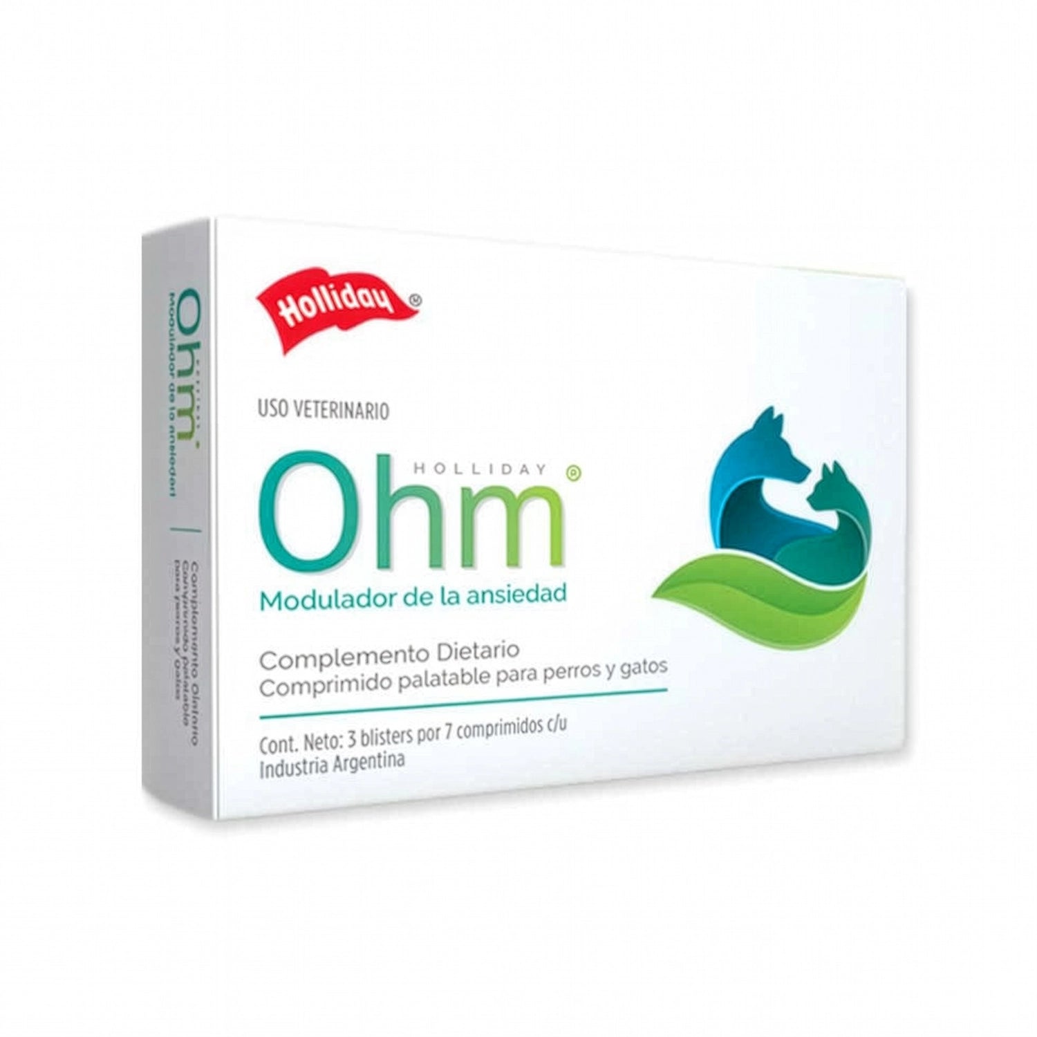 Ohm Comprimidos Calmantes para Perros y Gatos Holliday en caja blanca con diseño veterinario y modulador de ansiedad.