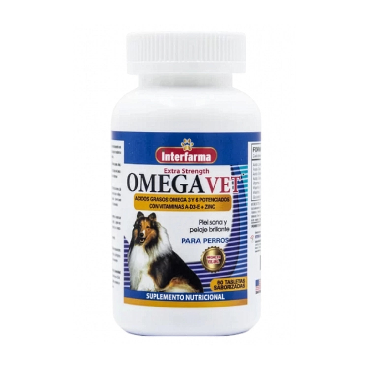 Omegavet Suplemento Pelaje para perros en frasco blanco con Omega 3 y 6, vitaminas y foto de perro collie.