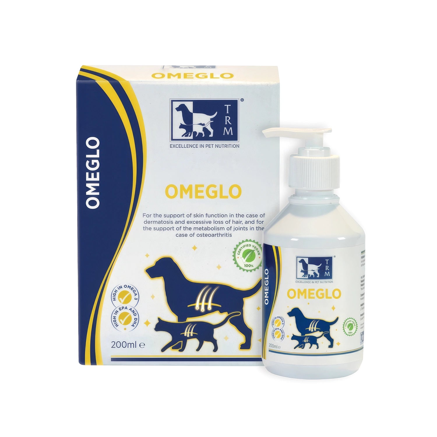 Omeglo TRM Suplemento para Perros y Gatos en caja y frasco dosificador de 200 mL, con ilustraciones de perro y gato.