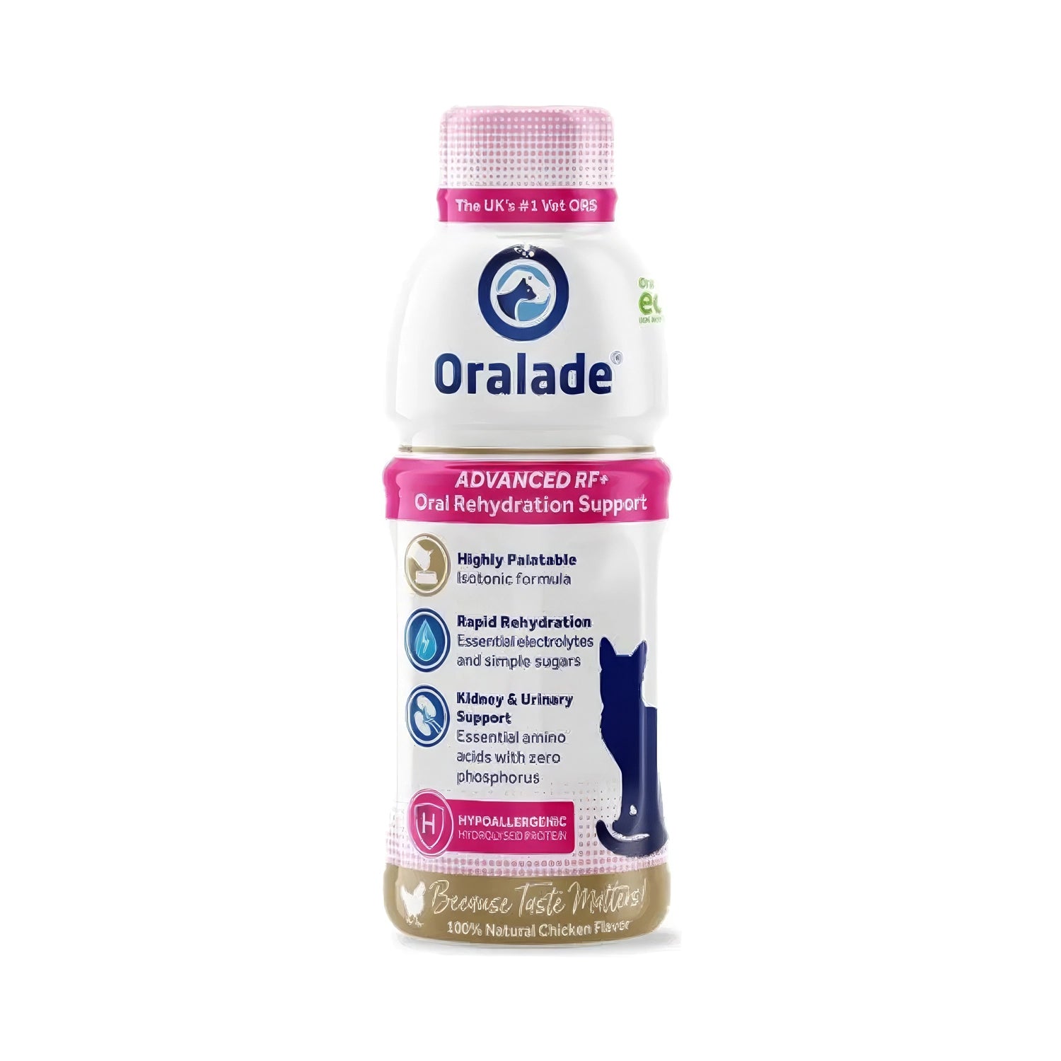Oralade RF Support para Gatos en botella con tapa rosa, solución de rehidratación oral con soporte renal y urinario.