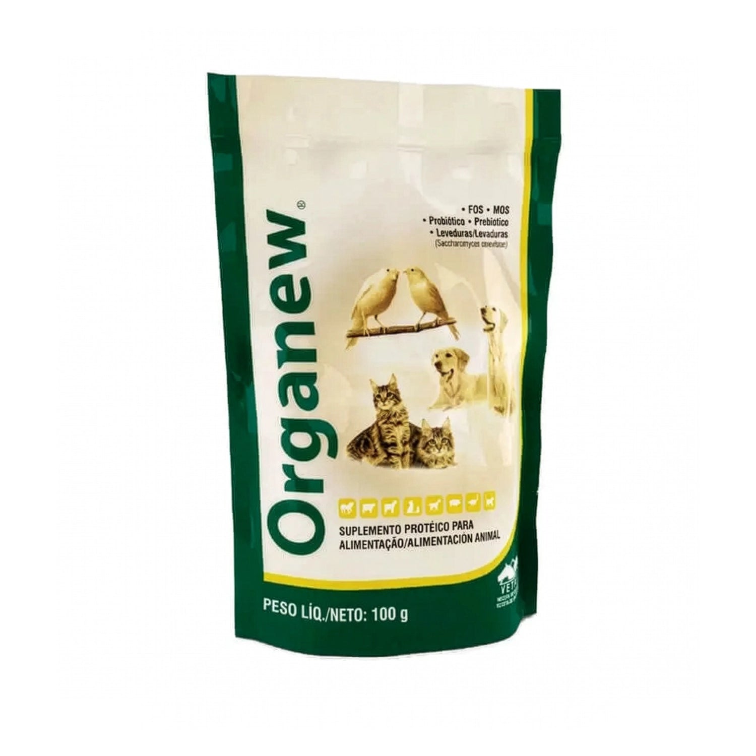 Organew Probiótico en bolsa 100 g verde y beige con suplemento alimenticio para perros, gatos y aves domésticas.