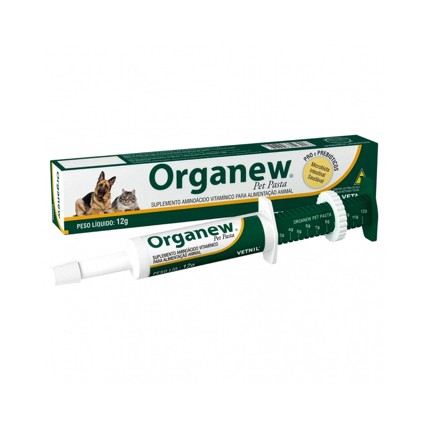 Organew Pet Pasta 12 g de Vetnil, suplemento en pasta para perros y gatos presentado en jeringa dosificadora.