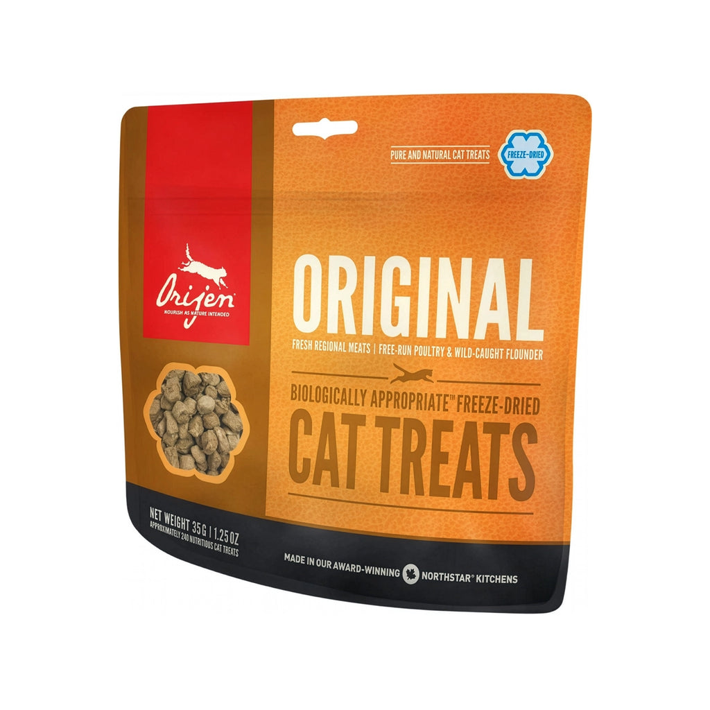 Premios Orijen Original para Gatos snacks liofilizados con carnes frescas regionales y pescado, premios naturales ricos en proteína.