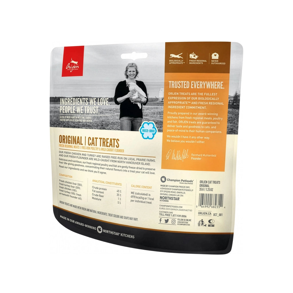 Premios Orijen Original para Gatos snacks liofilizados con carnes frescas regionales y pescado, premios naturales ricos en proteína.