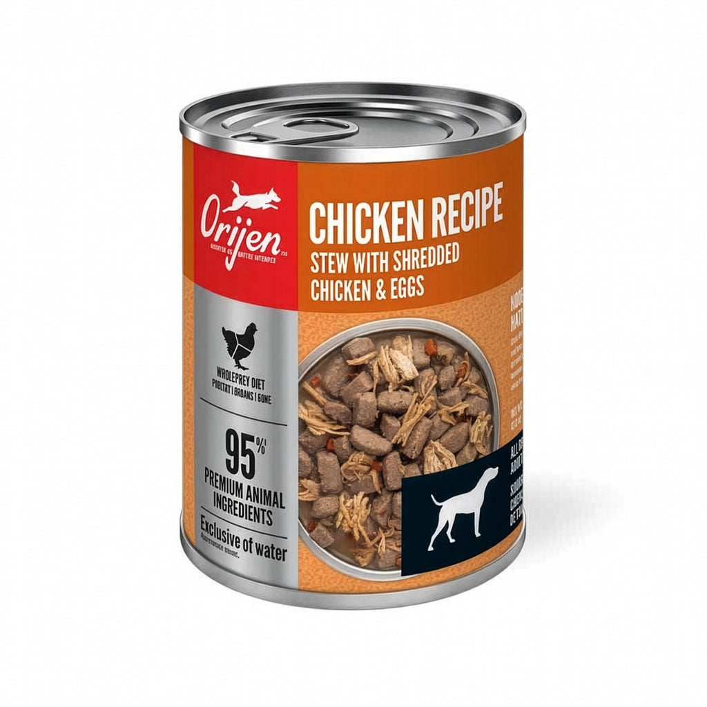Orijen Lata Estofado con Pollo Desmenuzado y Huevos para Perros comida húmeda con trozos de pollo y huevo, rica en proteína animal.