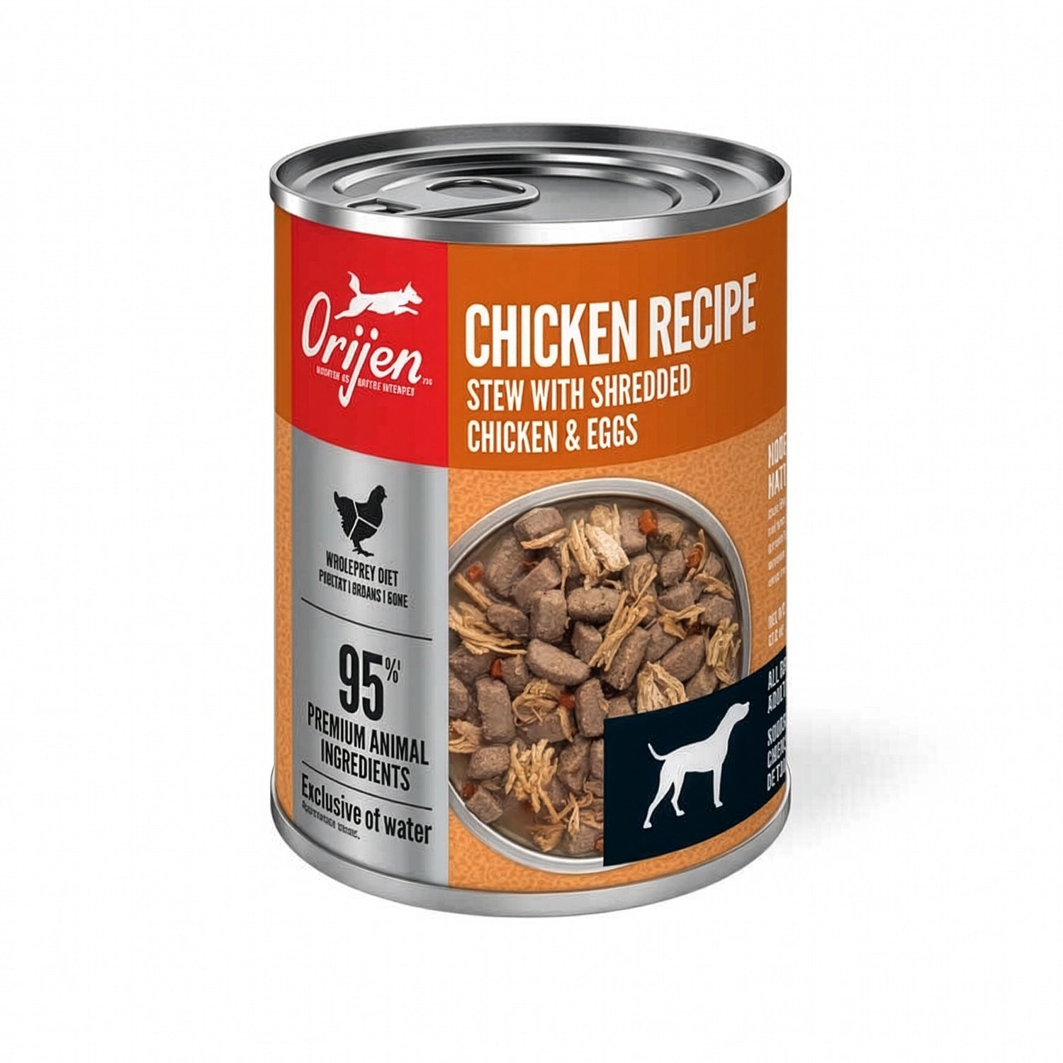Orijen Lata Estofado con Pollo Desmenuzado y Huevos para Perros comida húmeda con trozos de pollo y huevo, rica en proteína animal.