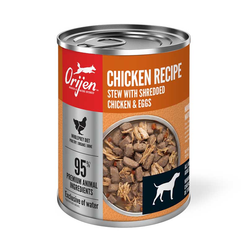 Orijen Lata Estofado con Pollo Desmenuzado y Huevos para Perros comida húmeda con trozos de pollo y huevo, rica en proteína animal.