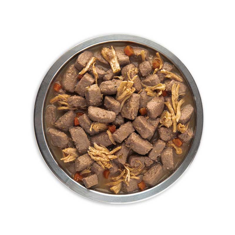 Orijen Lata Estofado con Pollo Desmenuzado y Huevos para Perros comida húmeda con trozos de pollo y huevo, rica en proteína animal.