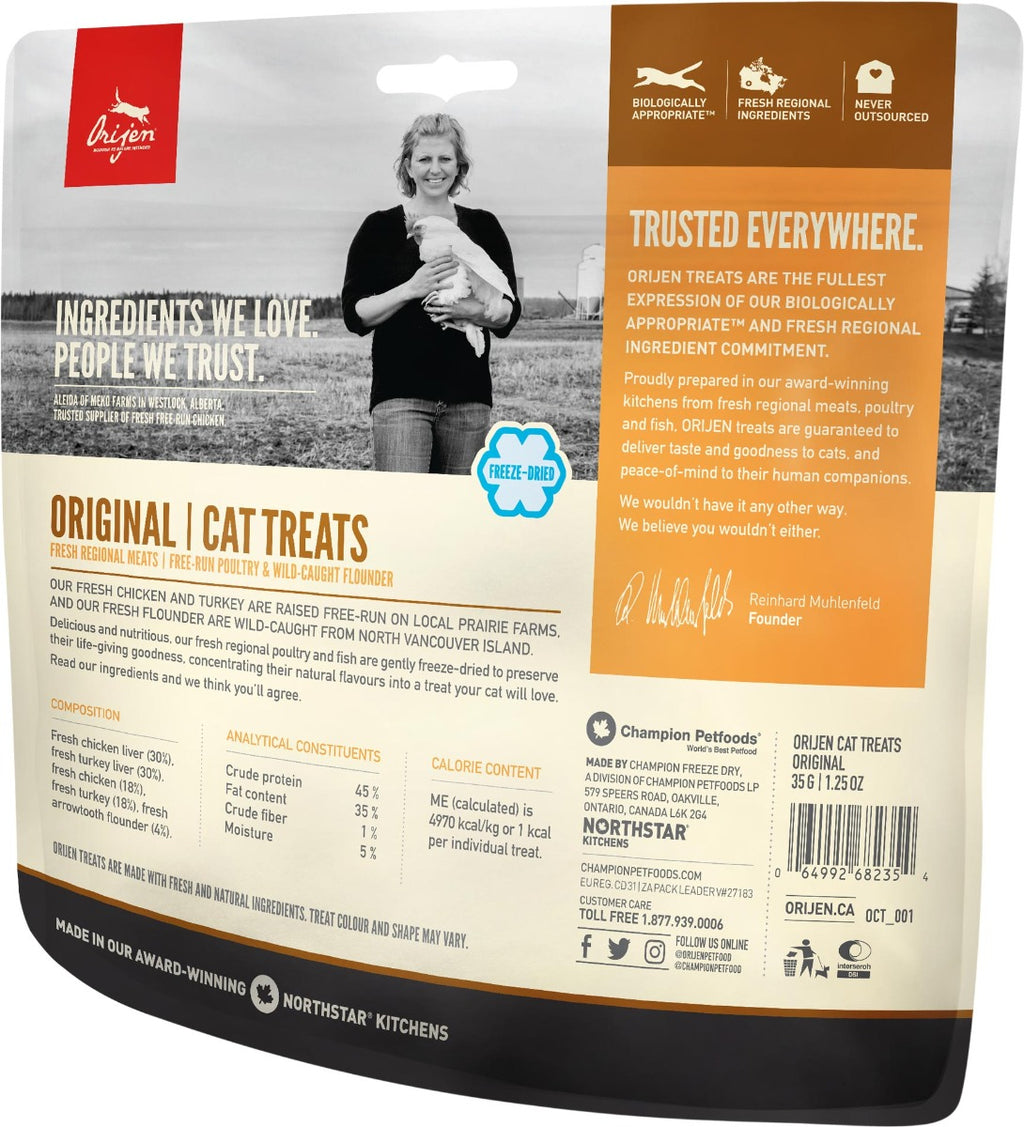 Premios Orijen Original para Gatos snacks liofilizados con carnes frescas regionales y pescado, premios naturales ricos en proteína.
