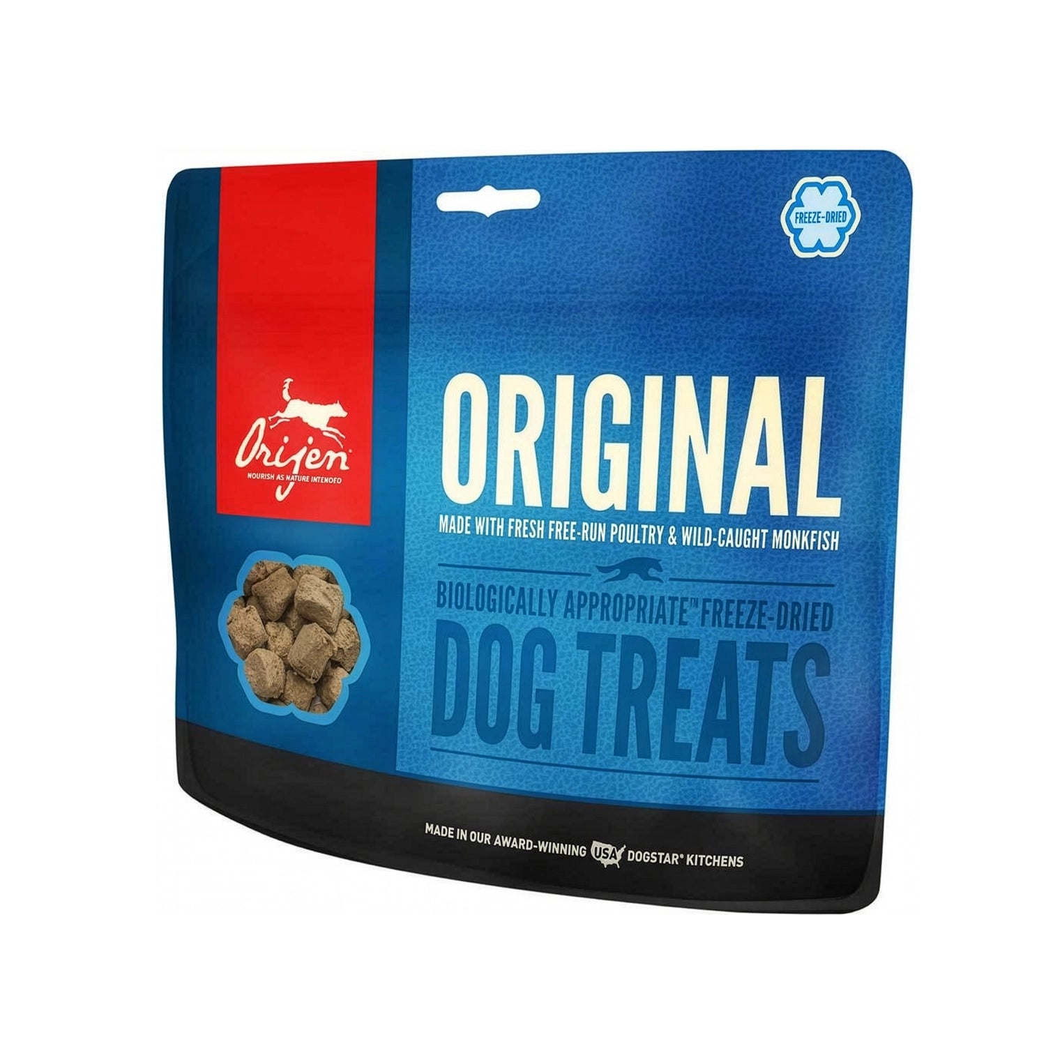 Premios Orijen Original para Perros snacks liofilizados con pollo de corral y rape salvaje, premios naturales ricos en proteína.