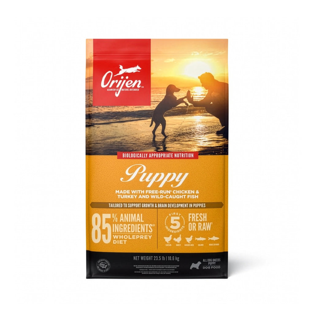Orijen Puppy para Cachorros alimento seco premium con pollo de corral, pavo y pescado salvaje, receta rica en proteína.