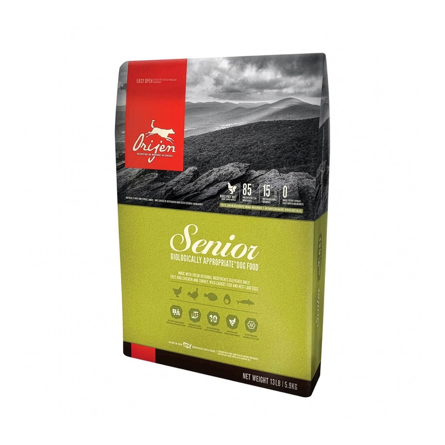 Orijen Senior para Perros alimento seco premium con pollo, pavo, pescado y huevos, receta rica en proteína para perros mayores.