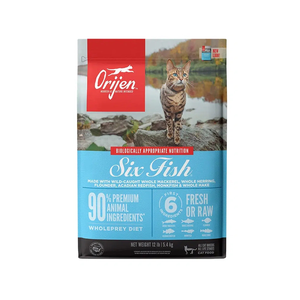 Bolsa de Orijen Six Fish Para Gatos, alimento para gatos con pescado capturado en estado salvaje, fórmula rica en proteína.