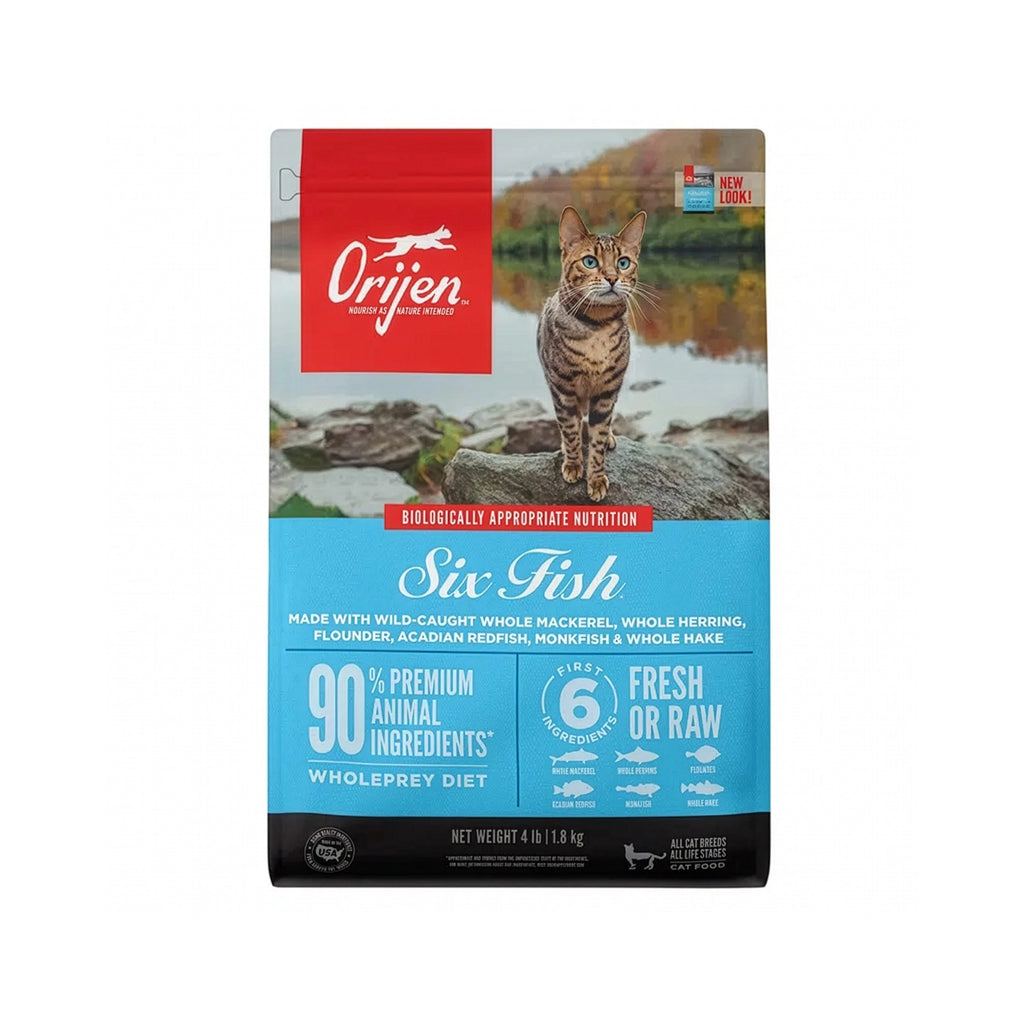 Bolsa de Orijen Six Fish Para Gatos, alimento para gatos con pescado capturado en estado salvaje, fórmula rica en proteína.