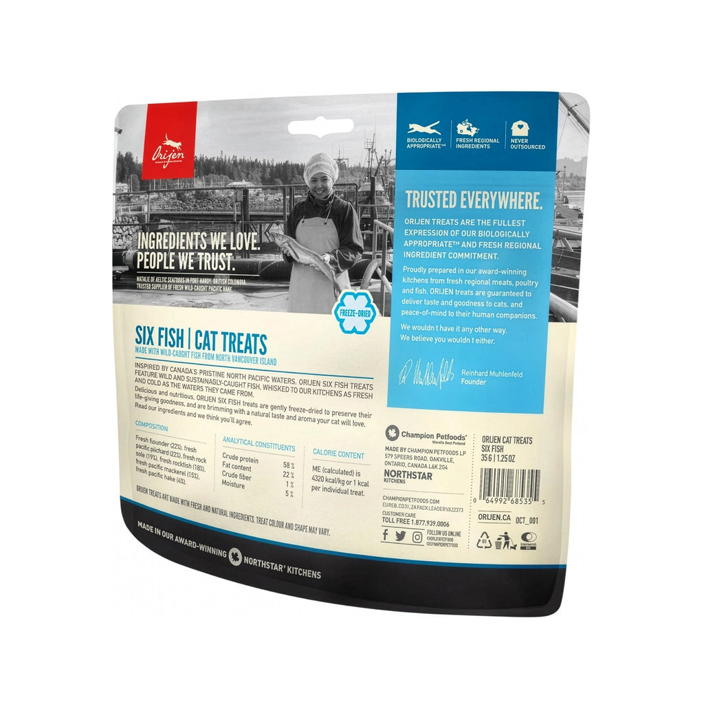Premios Orijen "Six Fish" para Gatos snacks liofilizados con seis tipos de pescado salvaje, premios naturales ricos en proteína.
