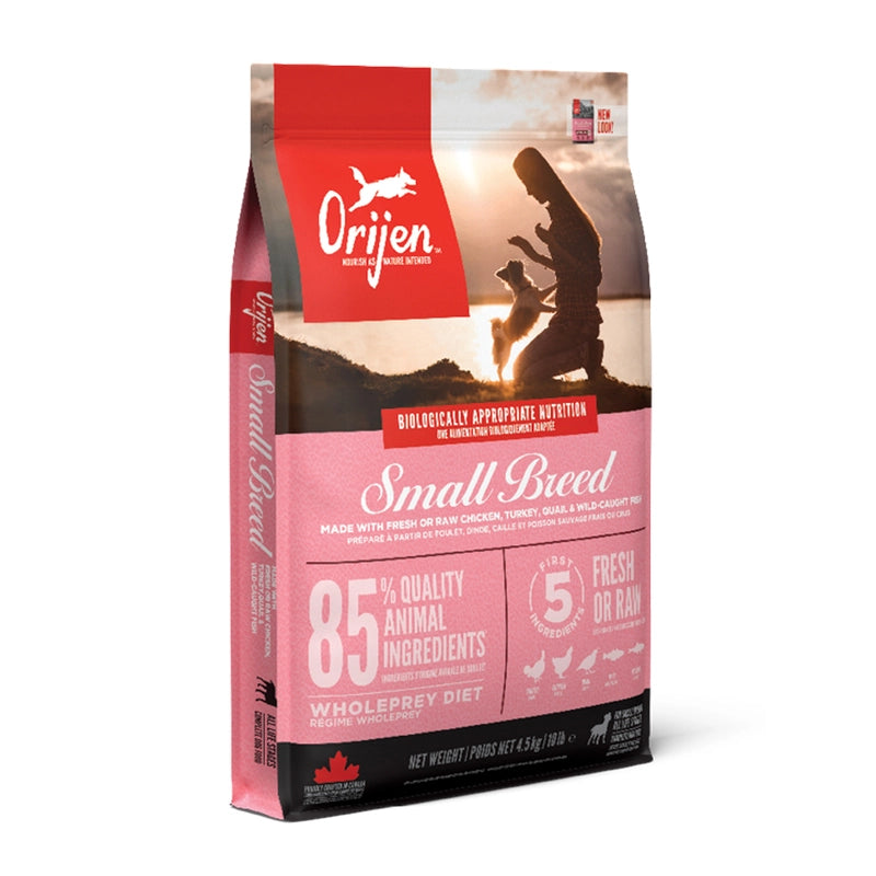 Orijen Small Breed para Perros alimento seco premium con pollo, pavo, codorniz y pescado salvaje, receta rica en proteína.