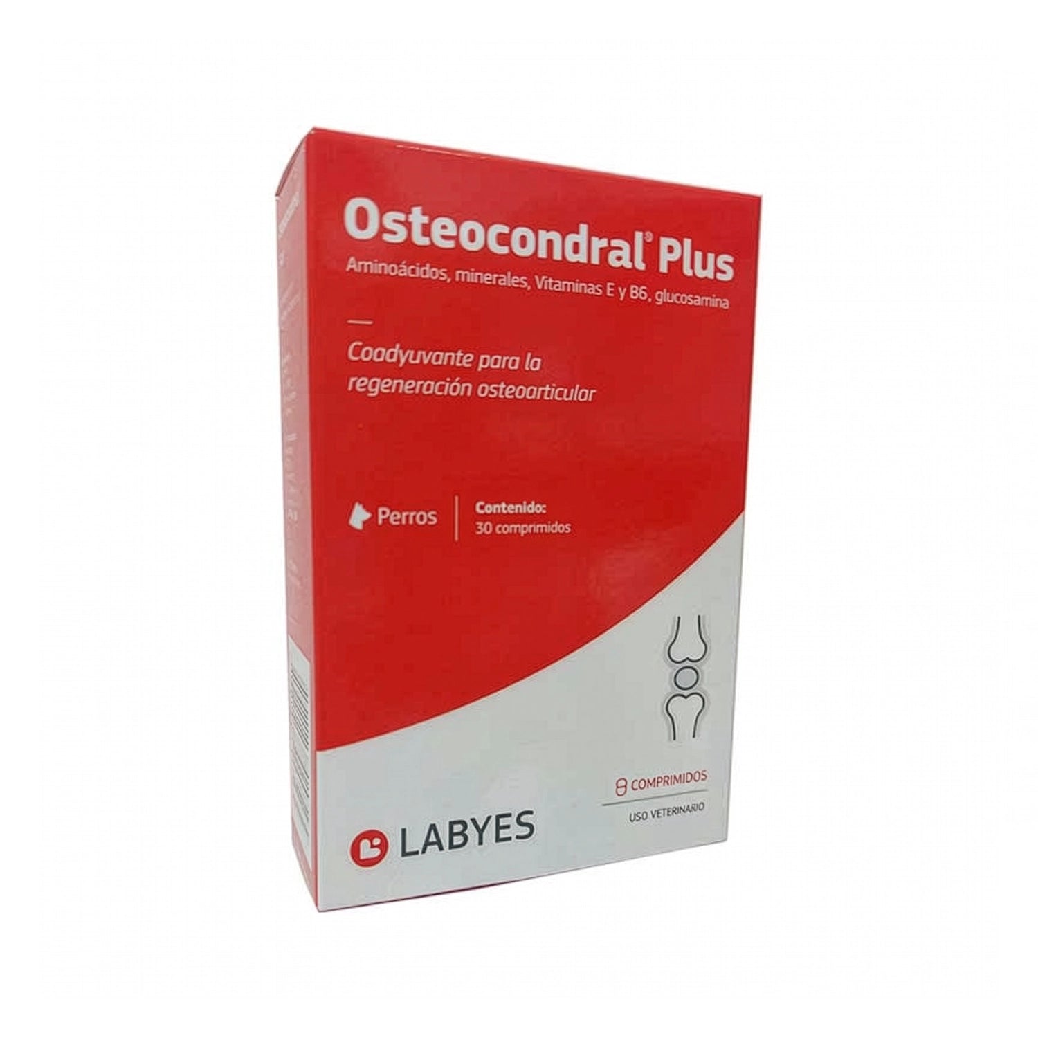 Osteocondral Plus en caja roja y gris de Labyes con 30 comprimidos para perros, apoyo a la regeneración osteoarticular.