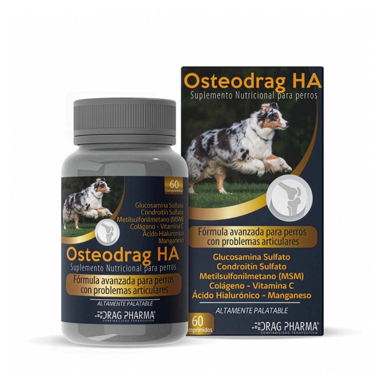 Osteodrag HA Suplemento para Perro en frasco y caja con fórmula articular avanzada para movilidad y cuidado óseo.