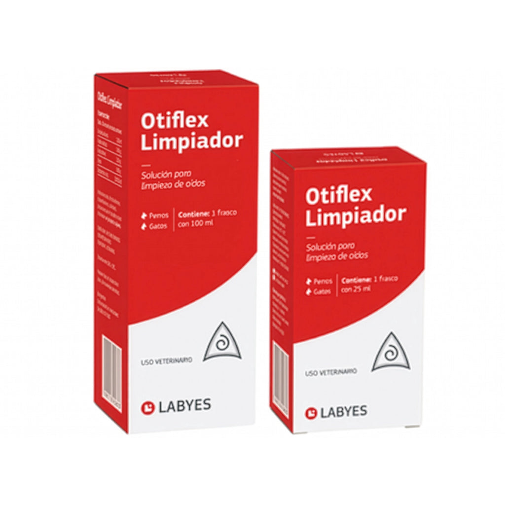 Otiflex Limpiador de Oídos en caja roja y blanca de Labyes, solución veterinaria para la higiene auricular de perros y gatos.
