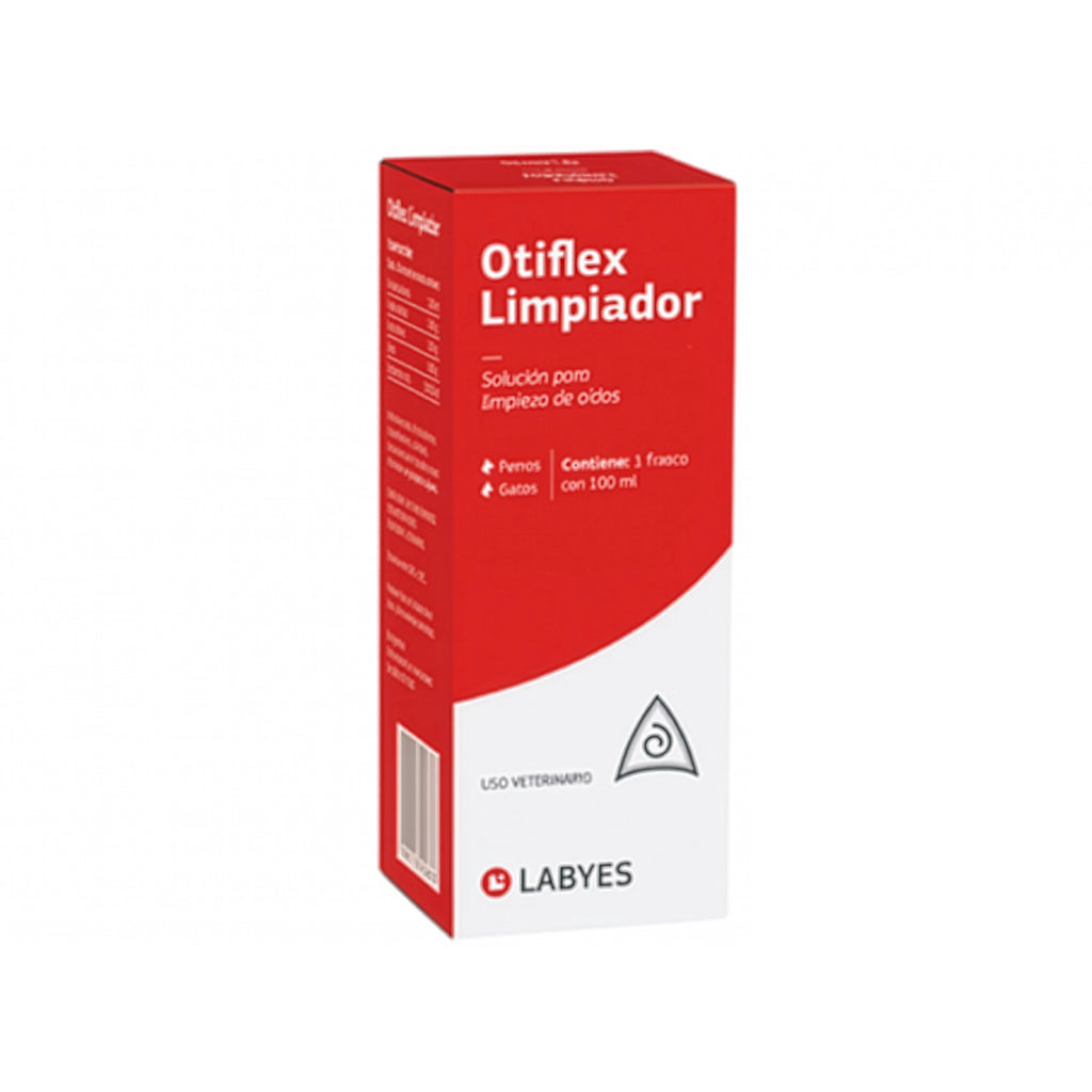Otiflex Limpiador de Oídos en caja roja y blanca de Labyes, solución veterinaria para la higiene auricular de perros y gatos.