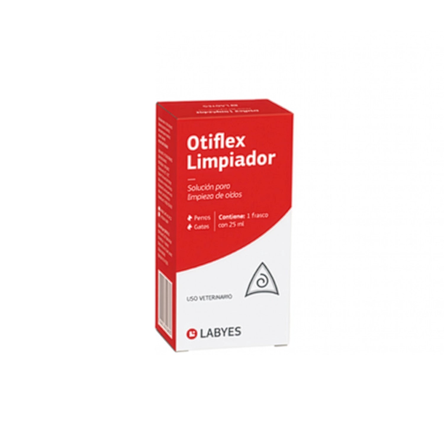 Otiflex Limpiador de Oídos en caja roja y blanca de Labyes, solución veterinaria para la higiene auricular de perros y gatos.